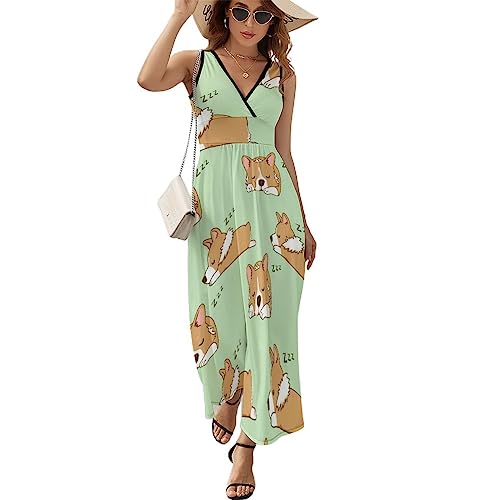 Robe à volants pour femme motif chien sans manches col en V