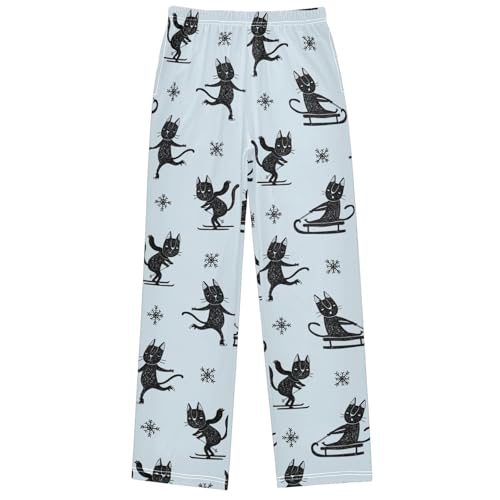 Boy's Pj Pants Sledge Black Cat Skate Skiing Lounge Bottoms Elastic Waist Kids Joggers with Pockets Size 6-14
