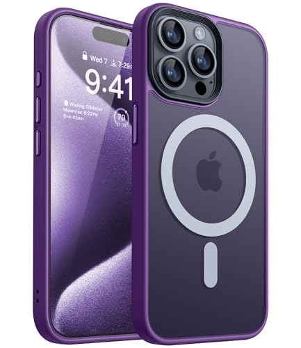 Image of CANSHN Magnetic Compatible with iPhone 15 Pro Max Case [Translucent Matte] [Compatible with Magsafe] Slim Thin Shockproof Protective Bumper Cover Phone Case 6.7 Inch - Deep Purple