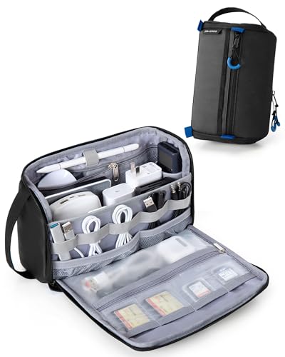 Image of Smasrob Electronics Organizer Travel Case, Tech Bag Charger Pouch, Black | Water Resistant, Elastic Bands, for Cord, Cable, SIM Cards, Phone, Airpods
