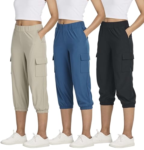 3 Pack Capri Pants Women Cargo Sweatpants Joggers Hiking Womens Capris Summer Pockets Golf Travel Waterproof Casual Cropped Pant UPF Pull On Jogger Stretch Camping Quick Dry Crop Workout Ladies Yoga