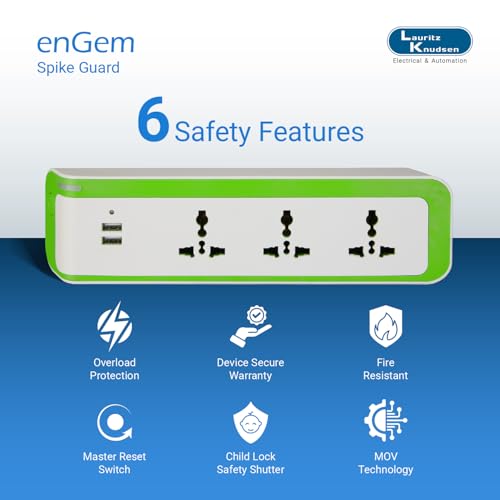 Image of Lauritz Knudsen Electrical & Automation Spike Guard 3 Way with Twin USB Charger & Resettable Fuse | 3 Year Warrenty | for Laptop, Tablet, Smart Watch, Earbud | (Green & White, OA05W06)