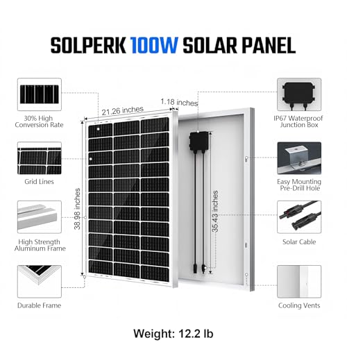 Image of SOLPERK 100 Watt Solar Panel 12 Volt, 100W Solar Panel High-Efficiency Monocrystalline Solar Panels for Home, RV, Camping, Marine, Rooftop, Off-Grid Applications