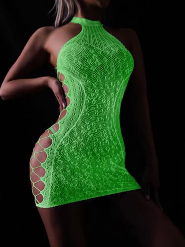 FasiCat Sexy Lingerie for Women Mesh Lingerie Backless Fishnet Minin Dress Glow in The Dark Lingerie Babydoll Halter Chemise