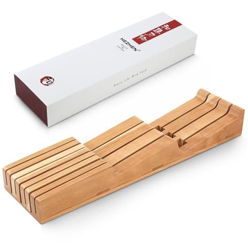 HEZHEN Soportes para Cuchillos Organizador de Cuchillos para Cajón, Madera de Cerezo Bloque Portacuchillos para Cajones, Bloque Posacuchillos Horizontal，Espacio para Guardar 7 Cuchillos