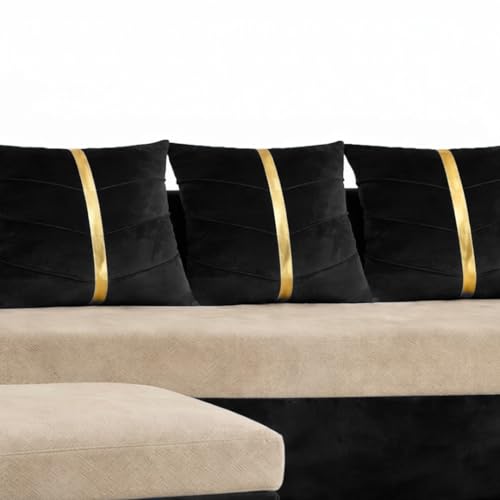 Image of Caviar 5 Seater L Shape Sofa Set with 2 Movable Ottomans | Flexible Layout | Luxury Velvet Suede Fabric | Modern Living Room Sofa | Black - Cream
