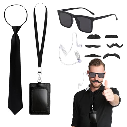 Accesorios de agente secreto + Disfraz espía para niños y adultos + Set 6 piezas + tamaño ajustable + negro