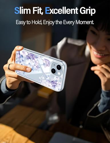 Image of VONZEE Clear Transparent Flower Case Compatible with iPhone 15 (6.1 inch), Shockproof Floral Design PC+TPU Back Cover, Full Camera Protection Slim Protective Phone Case for Women & Girls, Purple