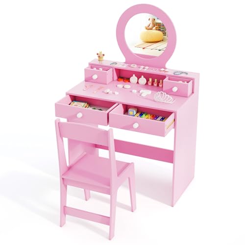 Image of HONEY JOY Kids Vanity, Little Girls Vanity Set with Mirror and Stool, Drawers, Toddler Makeup Vanity Dressing Table, Wooden Pretend Play Kids Vanity Table and Chair Set (Pink)