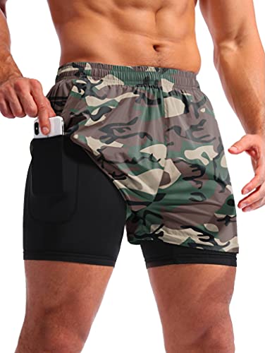 Image of Pudolla Men's 2 in 1 Running Shorts 5 inch Quick Dry Gym Athletic Workout Shorts for Men with Phone Pockets