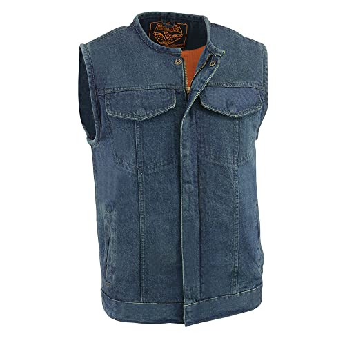 Milwaukee Leather Men's 'Covert' Blue Denim Collarless Club Style Motorcycle Biker Vest w/Dual Closure MDM3001 (US, Alpha, Medium, Regular, Regular, Blue)