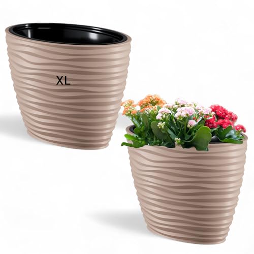 Pflanzkübel Oval mit Herausnehmbaren Einsatz Slim 3D Effekt Blumentopf (Taupe, XL)
