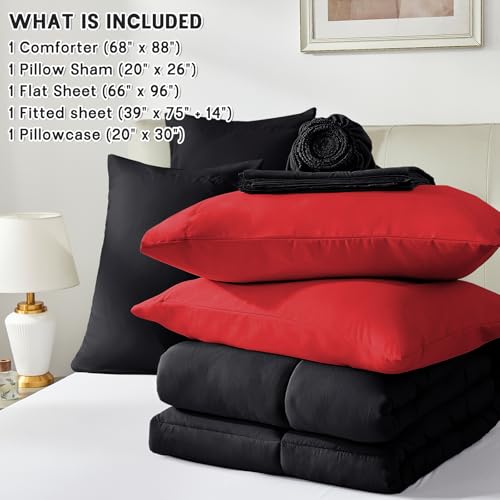 Anluoer Twin Comforter Set 5 Pieces, Black Bed in a Bag Bedding Set with 1 Comforter(68"*88"), 1 Pillow Sham, 1 Pillowcase, 1 Flat Sheet, 1 Fitted Sheet(39"*75")