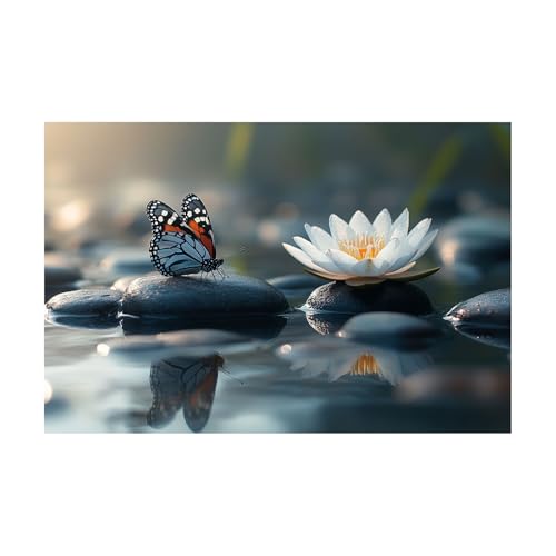 Tableau sur toile lotus blanc tranquille pour décoration salon zen 60x90cm