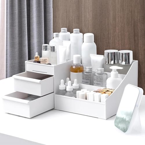 Image of Makeup Organizer Stand Desk Storage Dressing Table Organiser Cosmetic Organizer Box Skin Care Table Bathroom Organiser Makeup Storage Box Makeup Vanity with Transparent Drawer(Square,White)