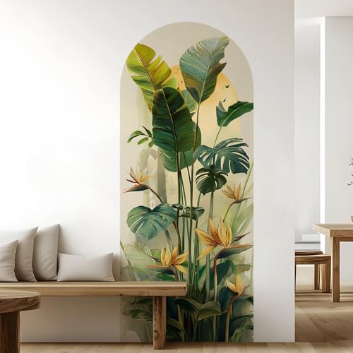 Image of PAPER PLANE DESIGN Tropical Arch Wall Mural - Peel & Stick Banana Leaf & Bird of Paradise Wallpaper - Waterproof Self Adhesive Canvas Texture for Bedroom, Living Room & Entryway, 6ft x 2.5ft (A)