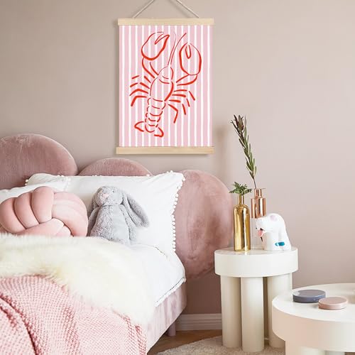 Image of PQKIY Trendy Red Lobster Coastal Wall Art Poster Hanger Frame 12x16 in, Summer Nautical Beach Seafood Pink Striped Wall Decor Canvas Prints for Home Kitchen Dining Room