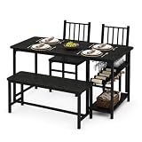 4 EVER WINNER Black Dining Table Set for 4 with Bench, 55' Kitchen Table and Chairs Set with Wine Rack, Glass Holder & Storage Shelves, Space Saving Dining Room Table Set for Small Kitchen, Apartment