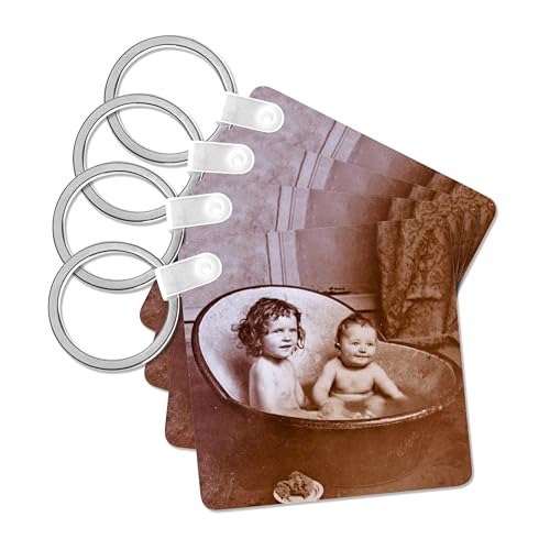 3dRose, Vintage photo of adorable children sharing a bath., set of 4 Key Chains