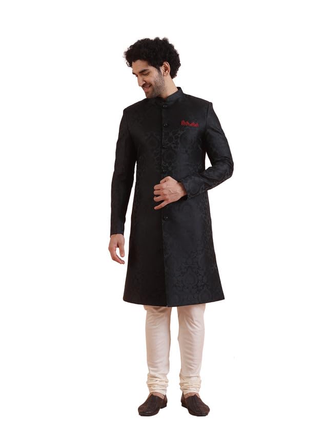 Men Black Jacquard Indowestern Sherwani Sherwani Churidar Set with Ethnic Motifs-image-26