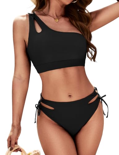 Zilcremo Damen Bikini Set EIN Schulter Bikini Bademode Cut-Outs Mittelhohem Zweiteiliger Badeanzug Schwarz S