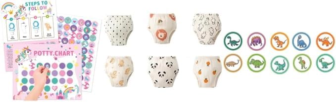 Potty Training Essentials Bundle Muslin Cotton Toddler Underwear 6-Pack Dissolvable Target Stickers 50ct Dinosaur and Reward Chart System