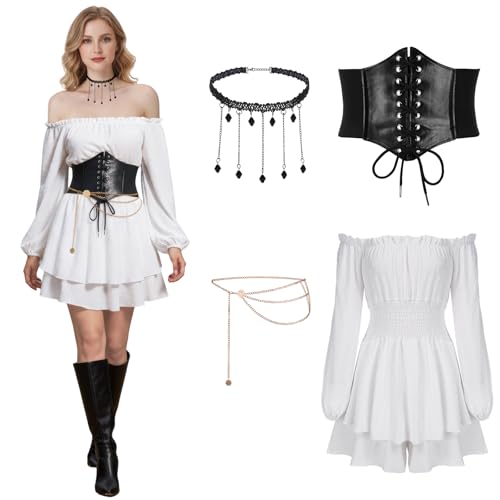 SKYYUE Piratenkostüm Damen Mittelalter Kleid Damen Kurz Weiß Kurzes Renaissance Kleid Weißes off Shoulder Kleid mit Korsett Gürtel, Taillenkette...