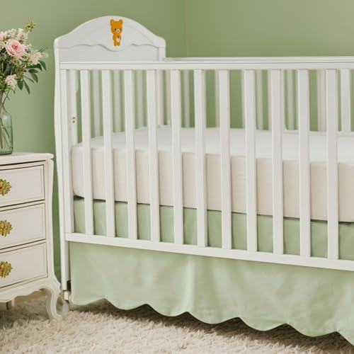 Image of Brandream Scallop Edge Cotton Crib Skirt Toddler Bedskirt Baby Nursery Crib Bed Skirt Gender Neutral Solid Color Light Green Farmhouse Chic Boho Bohemian Skirt