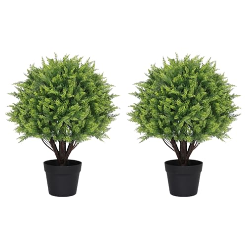 24" Artificial Cedar Topiary Trees Set of 2 β UV Resistant Faux Cypress Pine Plants for Outdoor Planters, Realistic Fake Bushes and Shrubs for Front Porch, Patio, or Garden Decor β 2ft Tall