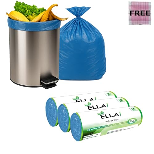 Image of ELLA Blue Garbage Bags 30 x 37 Inches 3 Rolls 30 Bags Extra Large Strong Trash Bags for Daily Waste in Kitchen Office Bathroom and Outdoor Bins With Check Duster Cloth Free