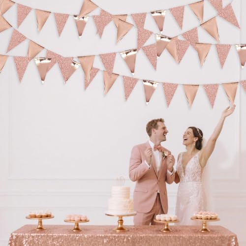 Image of 30Ft Rose Gold Party Decoration Rose Pink Triangle Pennant Banner Blush Pink Hanging Paper Flag Bunting for Graduation Wedding Bridal Shower Birthday Bachelorette Engagement Anniversary Party Supplies