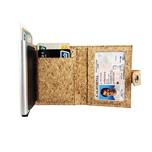 Image of HONB RFID Credit Card Holder, Slim Genuine Leather Wallet for Travel, Pop Up Wallet for Men, Cork Brown, Cork Grain Wallet