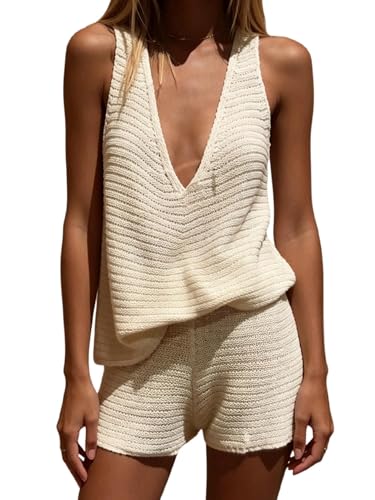 MakeMeChic Womens Summer 2 Piece Sets Knit Tank Tops Mini Shorts Set Beach Cover Ups Vacation Outfits White Medium