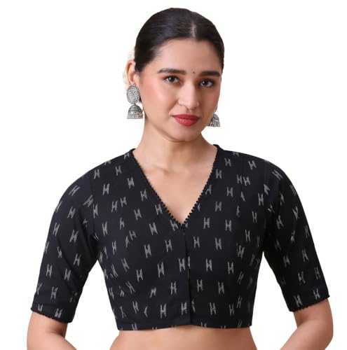 Image of Studio Shringaar Women's Black Cotton Handloom Ikat Readymade Saree Blouse