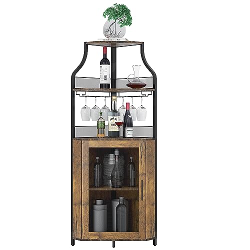 Crevyteg Buffet d’Angle Industriel avec Porte en Maille – Support à Verres, Porte-Bouteilles Amovible – Grand Espace de Rangement pour vins et...