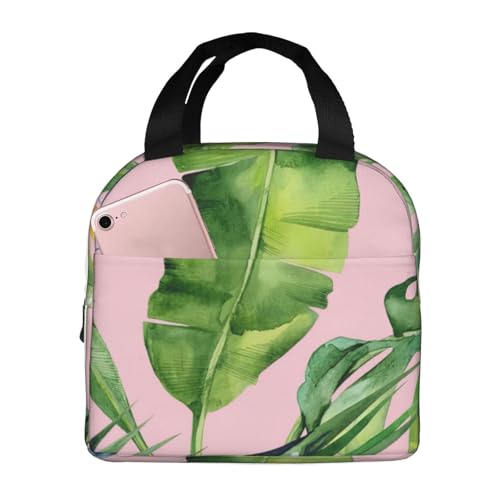 Lonchera con estampado de hojas de plátano frescas para mujeres, hombres y adultos, bolsa de almuerzo aislada con bolsillo, para viajes, trabajo, picnic, bolsa de almuerzo