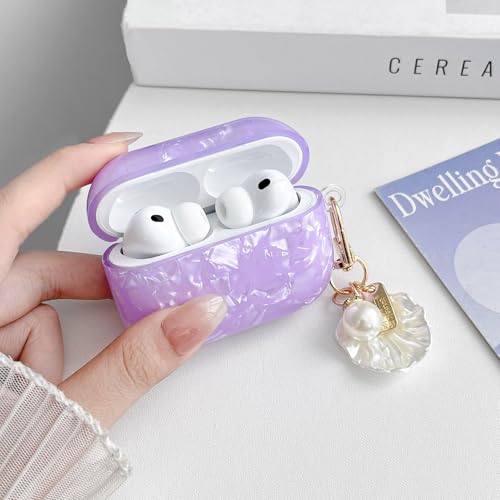 Image of OTOPO for Cute Airpods Pro 3 Gen Case Girl Women 2025 with Cleaner Kit, Glitter Shell Pattern Apple iPod Pro 3rd Generation Protective Cover Skin with Pearl Shell Keychain, Purple