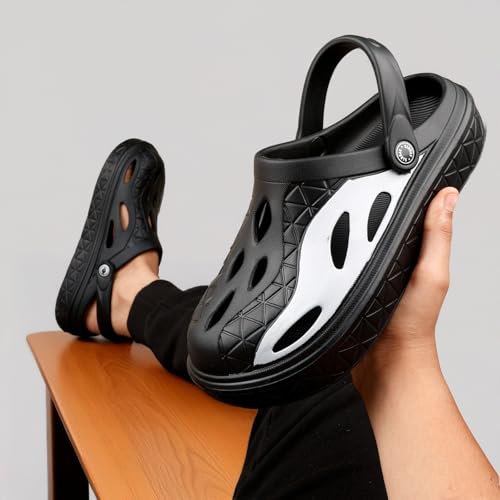 Image of Deer Rock Unisex Black & White Chunky Sole Clogs | Lightweight EVA Slip-On Sandals with Breathable Cut-Out Design & Adjustable Heel Strap