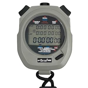 STOPTEC Cronómetro 496 | Pantalla de 3 líneas | Memoria 500 | Medición del número de golpes | Control de carrera | Hora y fecha | Resistente a salpicaduras | Fácil cambio de batería