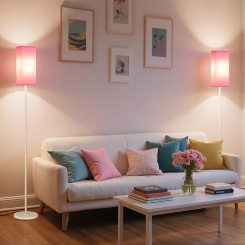 Image of 64.6 inch Floor Lamp, Pole Lamp with Foot Switch, Modern Standing Lamp Shade, Minimalist Freestanding Lamp (Bulb Not Included), for Living Room, Bedroom Office ETL Listed,White and Pink WP07LD05