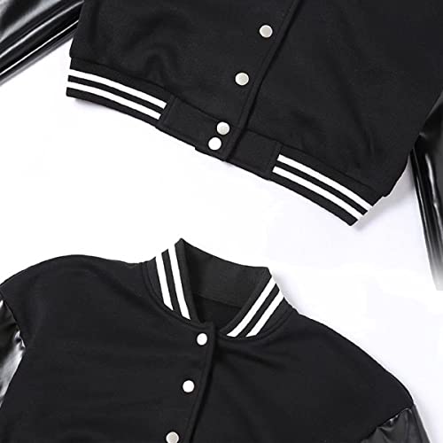 Womens Varsity Jacket Cropped Letterman Baseball Bomber Jacket Vintage Y2K Streetwear Coat A Black #TOP4