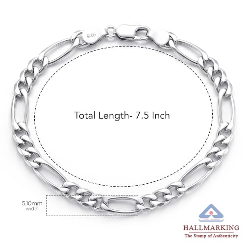 Image of TRUESILVER ACPL 925 Sterling Silver BIS Hallmarked Italian Figaro-Chain Bracelet for Men Boys 7.5 Inches