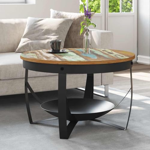 Mokuyary Mesa de centro de 68 x 43 cm de diámetro de madera maciza reciclada, mesa de salón, mesa de sofá con estante para salón, oficina, espacios pequeños