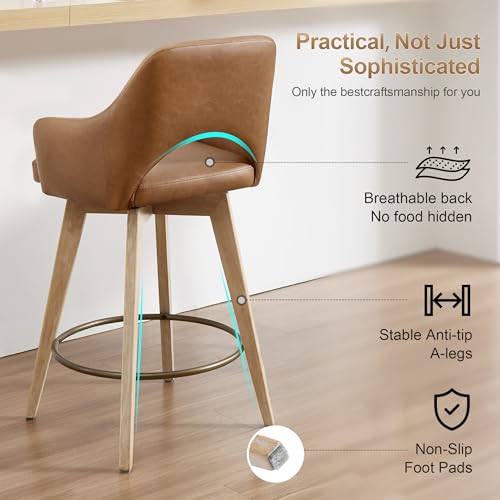 Image of Zesthouse Swivel Bar Stools Set of 4, Wooden Counter Height Barstools with Arms & Open Back, Upholstered Brown PU Leather Counter Stools with Distressed Solid Wood Legs, High Chair for Kitchen Island