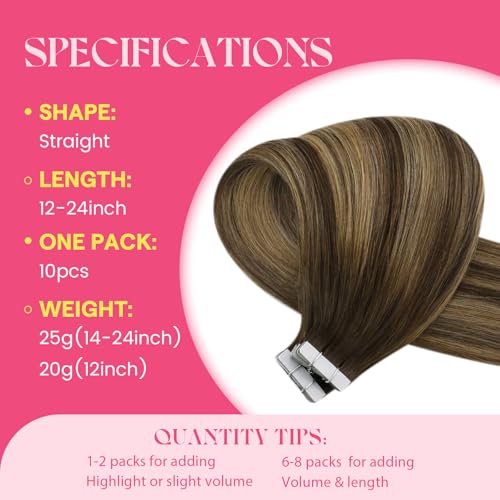 Image of Ve Sunny Hair Tape in Extensions Chocolate Brown Balayage Caramel Blonde | Hair Tape Extensions,Highlights Without Bleach,20Inch 25g 10Pcs,Silky Straight,for Wedding or Party