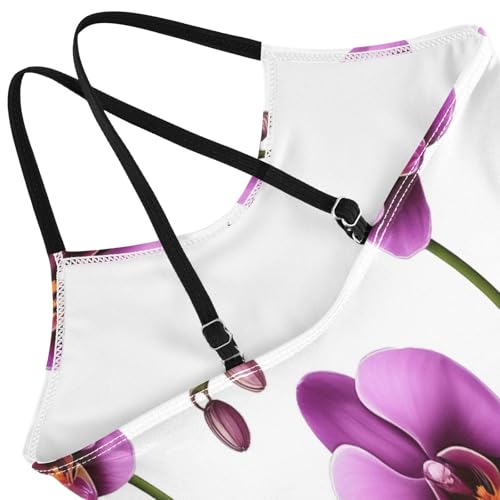 Girl Bathing Suits Beach Bathing Suits Girls 3-10 Y with Adjustable Shoulder Strap, Purple Orchid Flowers White4