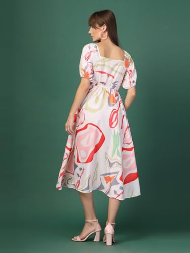 Image of OOMPH! Below Knee Shift Pink Dress in Crepe Fabric with Round Neck and Puff Sleeves - md619l