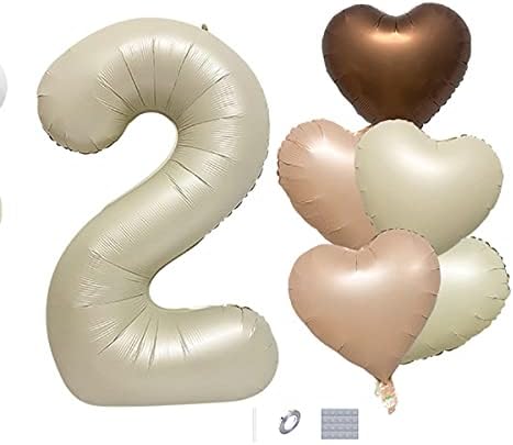 DUXUANT 2nd Party Decorations Cream White Number 2 Foil Balloon, Caramel Chocolate brown Love Heart Balloons Decoration for Kids 2th Birthday Anniversary Wedding Decorations