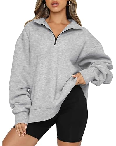Timuspo Sweatshirt Damen Oversized Fleece-Innenfutter Sweatpullover Ohne Kapuze Alltagsmode Grauer Hoodie 1/4 Zip Einfarbig Y2K Pullover Große Größen L