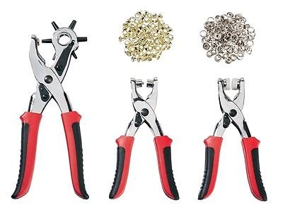 Set de pinces pour cuir et carton avec perforatrice et 100 oeillets